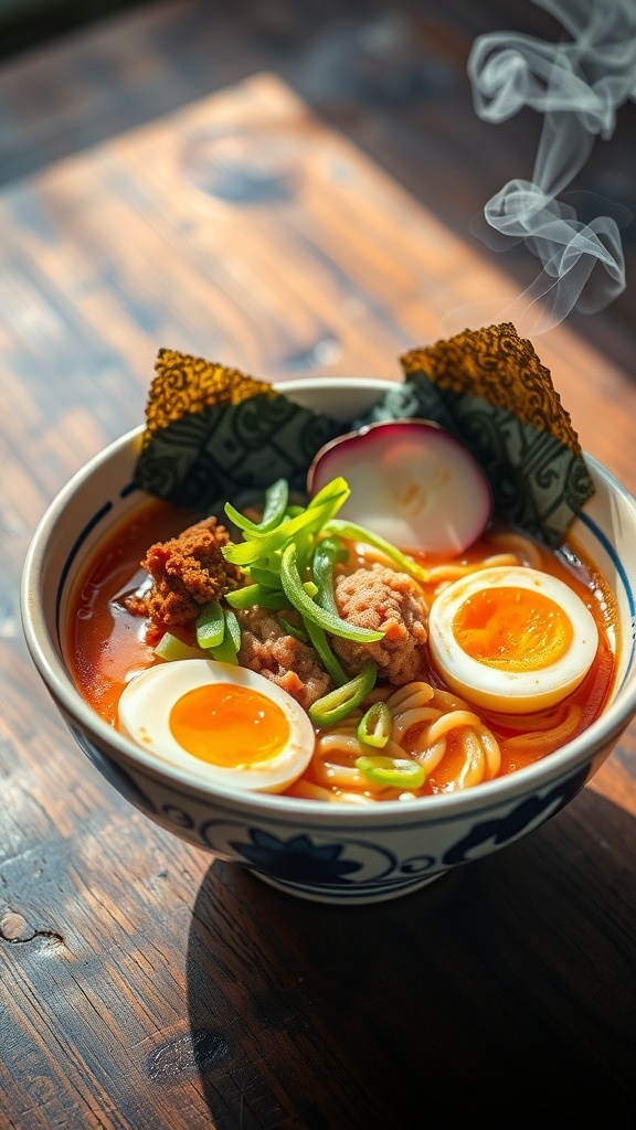A bowl of ramen with colorful toppings, steam rising, on a rustic table.